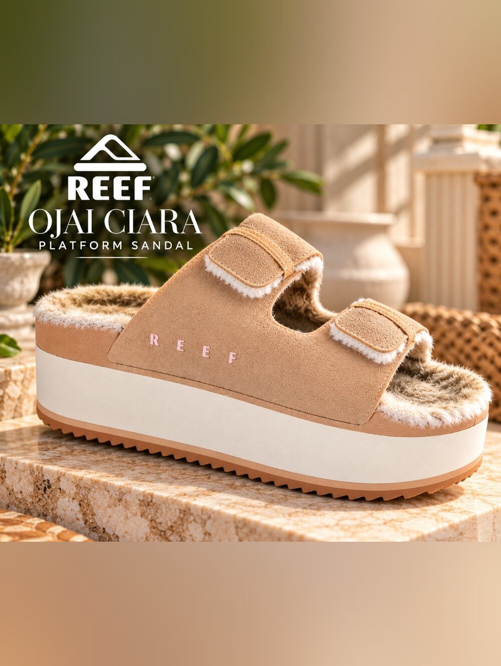 REEF Ojai Ciara Tan Suede Faux Shearling Platform Sandals Women's 7 NIB